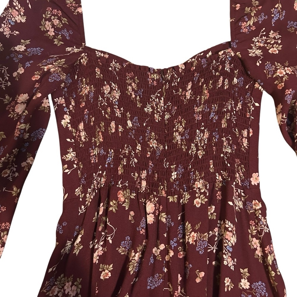 Reformation Mochi dress Chantelle maroon floral size 4 smocked milkmaid babydoll - Picture 4 of 9